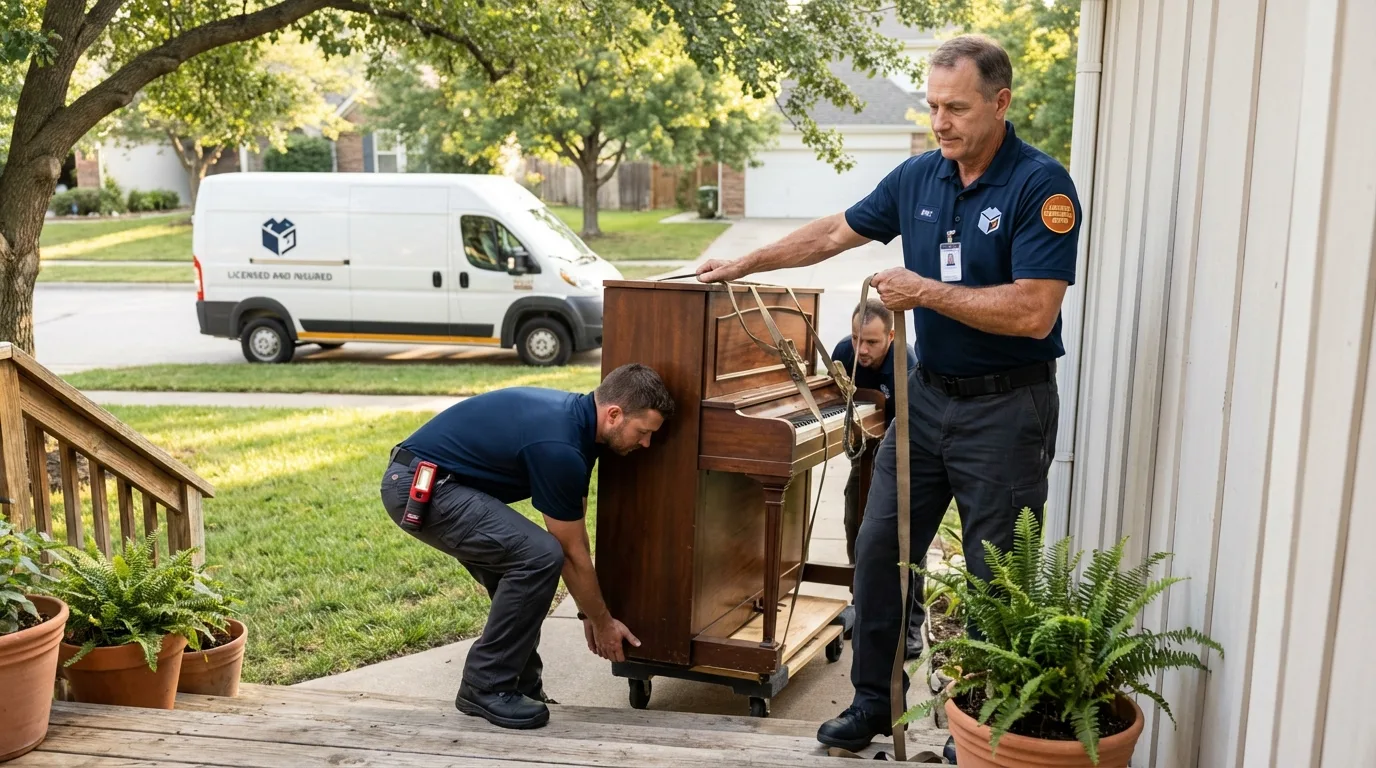 Licensed piano movers securing grand piano in Reston, VA